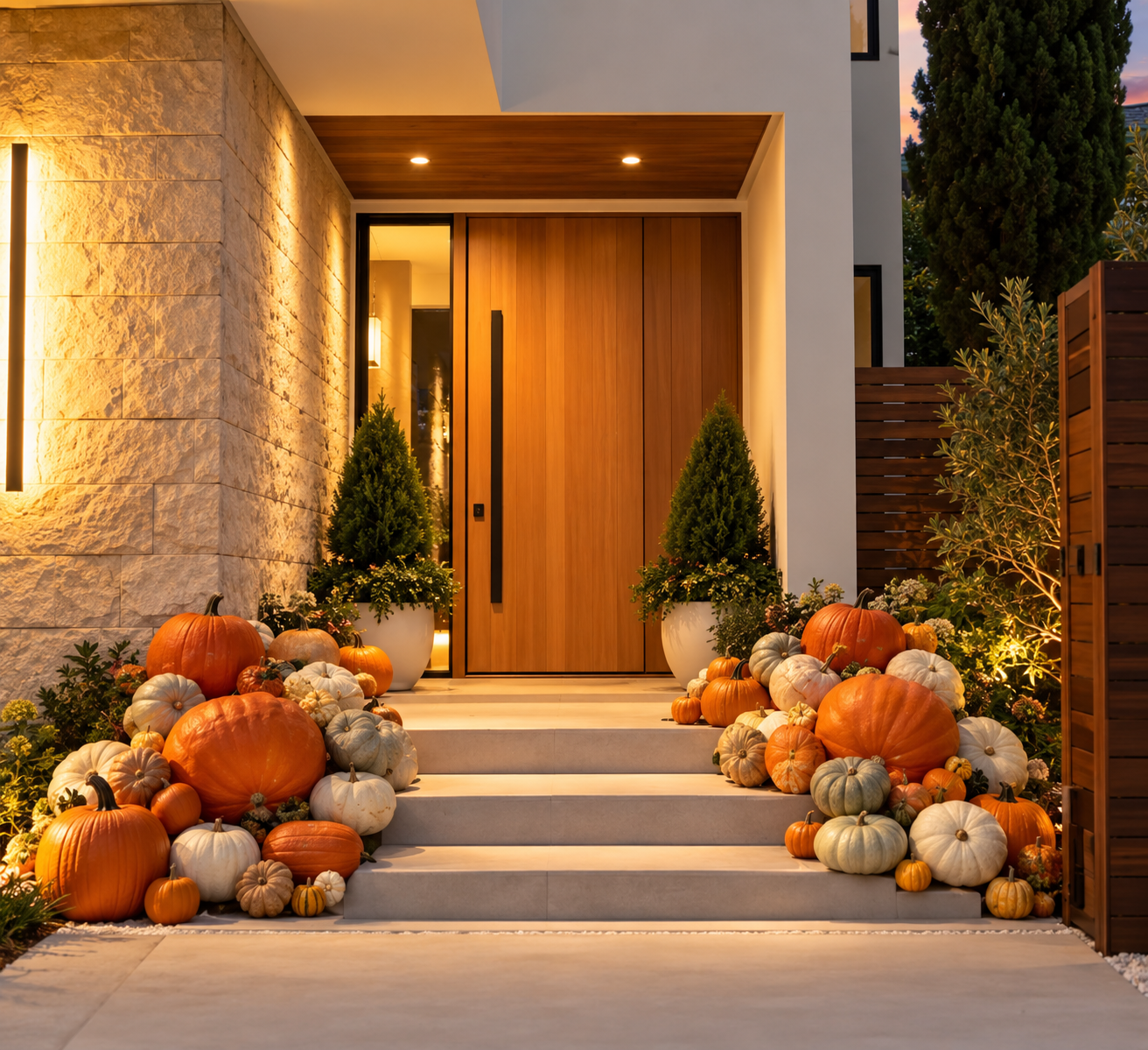 Fall pumpkin porch installation at a modern San Diego home with layered orange, white and green