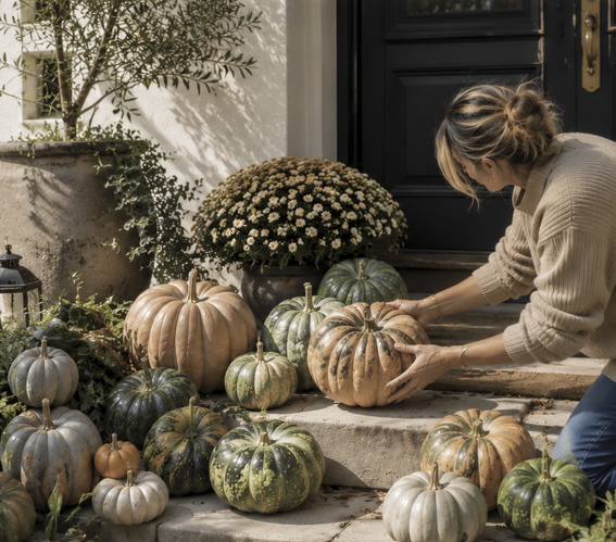 Woman arranging pumpkins and gourds on front porch steps with potted plants and a door in the background.