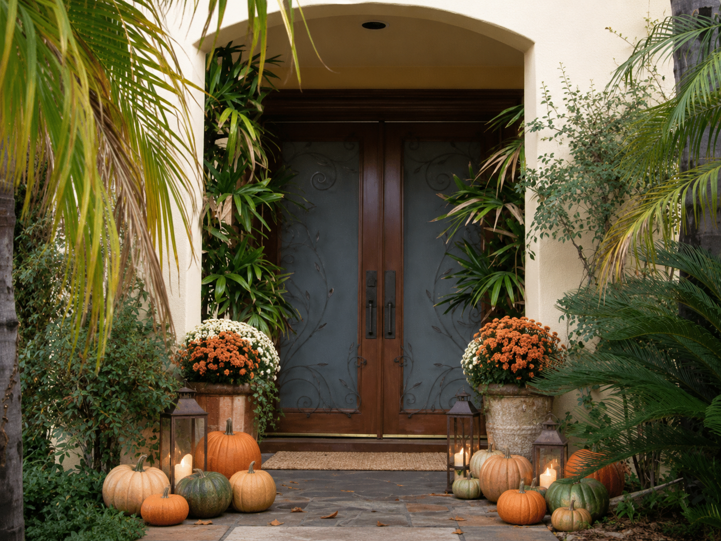 Decorative fall-themed front entrance with pumpkins, candles, potted chrysanthemums, lanterns, and lush greenery surrounding a wooden front door.