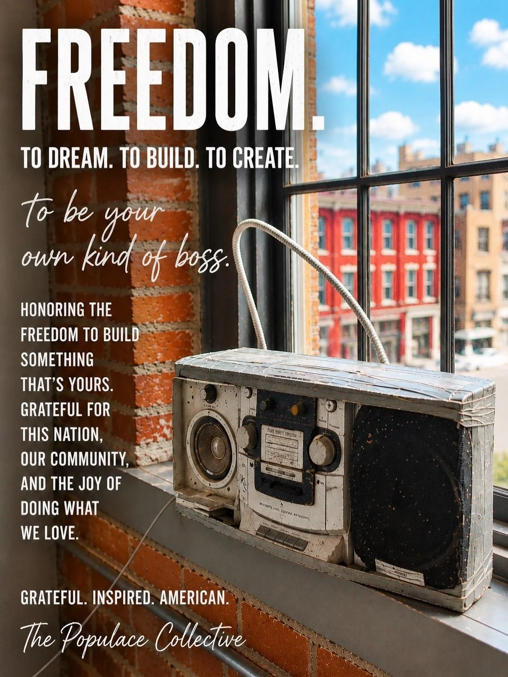 Why the boombox? ❤️🤍💙
Because it&rsquo;s part of our story.

It was there in the early days of The Populace&mdash;when the space was unfinished, the vision was big, and everything still felt possible.  It sat in the middle of dust, dreams, long day