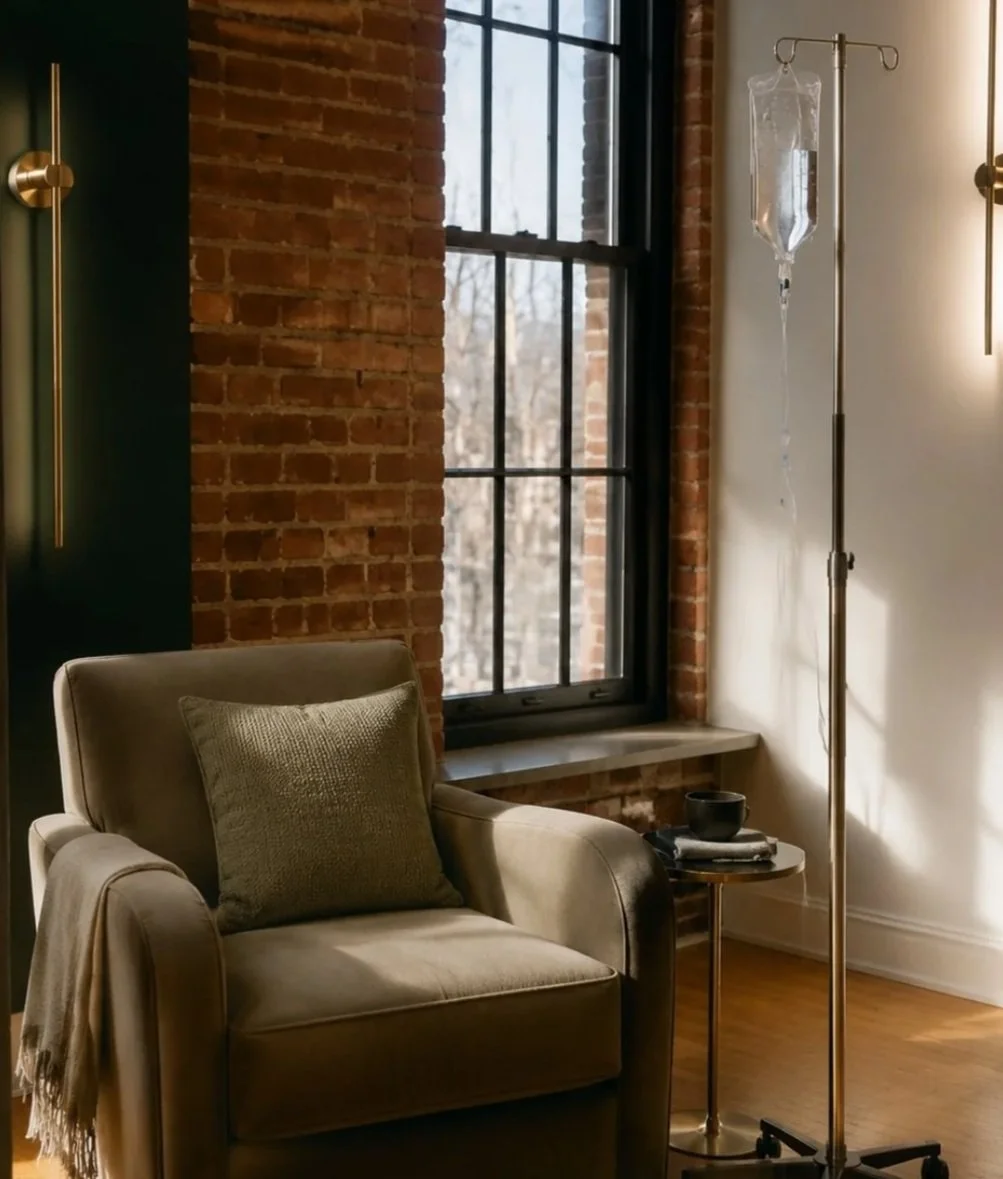 A cozy corner of a room with a beige armchair, a pillow, a small side table with a cup and books, a window with brick wall outside, an IV stand with a hanging fluid bag, modern wall lamps, and warm lighting.