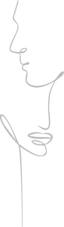 A minimalist line art drawing of a person's face in profile, with a hand holding a pen or makeup brush near the lips.