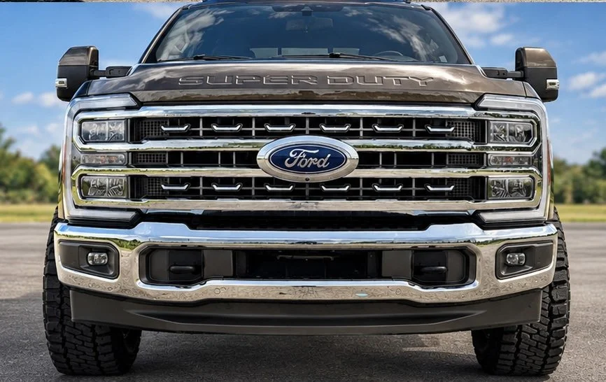 Front view of a black Ford Super Duty pickup truck with a chrome grille, featuring the Ford emblem and 'Super Duty' lettering on the hood, parked outdoors on a paved surface under a partly cloudy sky.