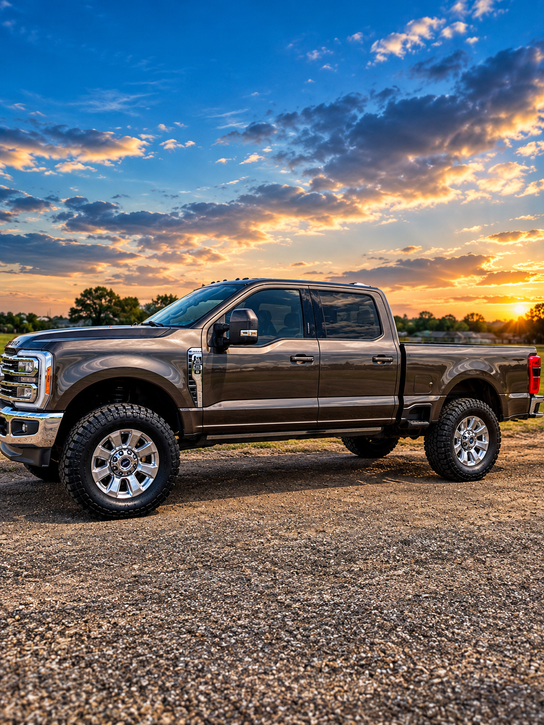 A brown pickup truck parked on a dirt surface during sunset with a partly cloudy sky.