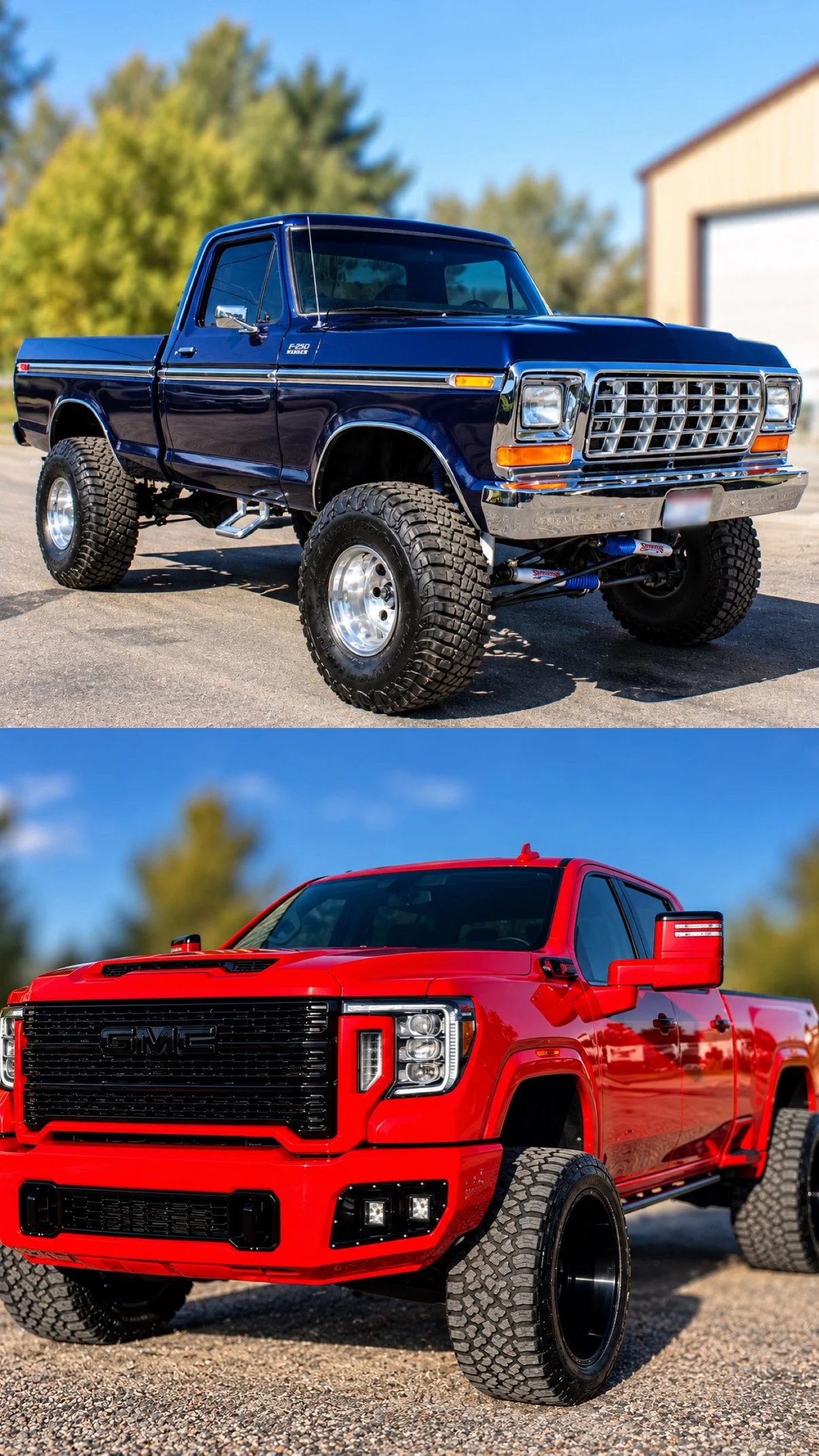 Two pickup trucks, one blue and one red, parked outdoors on a sunny day with trees and a building in the background.