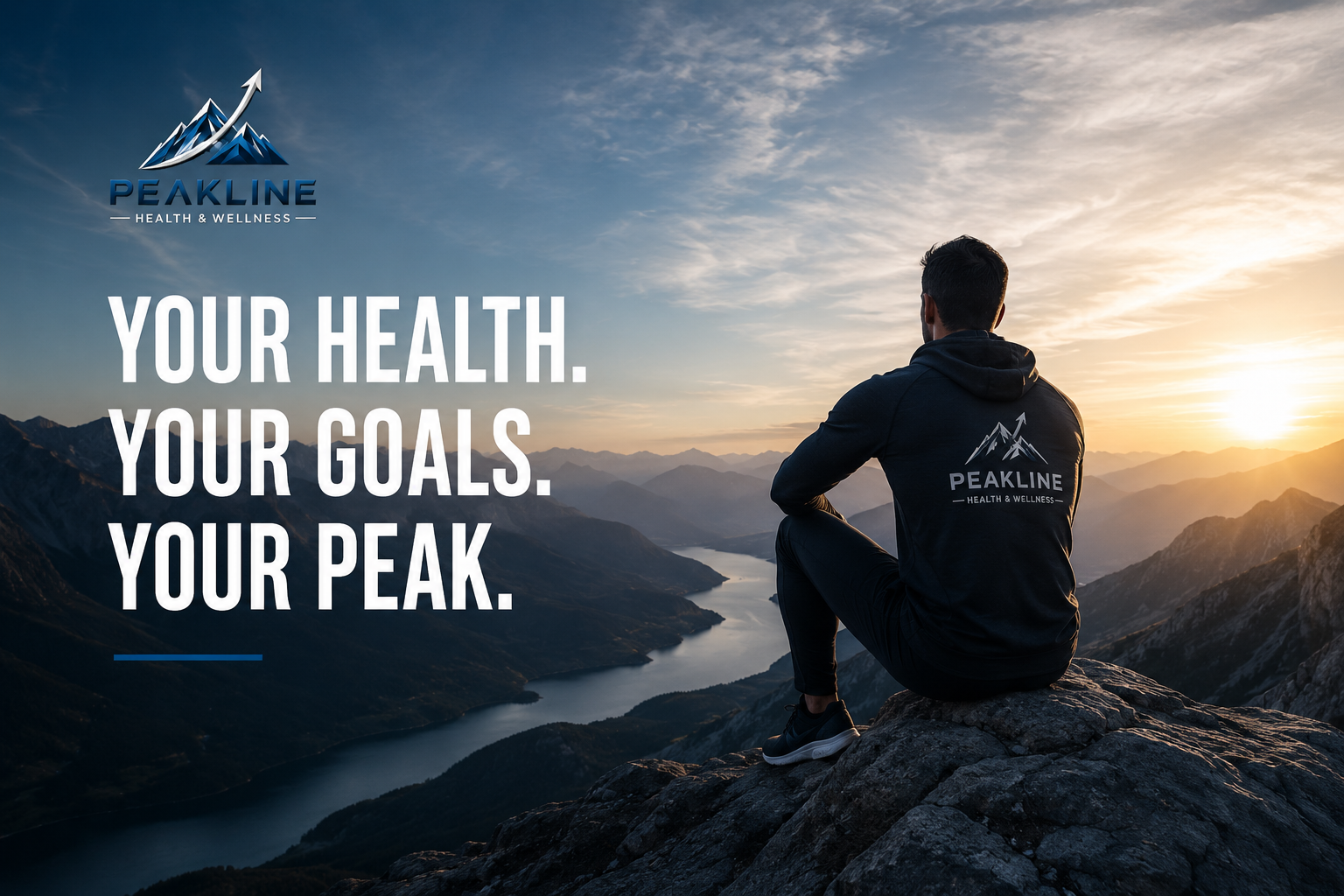 A person sits on a mountain top at sunrise, overlooking a river and mountain range, wearing a black hoodie with a logo that reads 'PEAKLINE Health & Wellness.' The image promotes health and wellness with the text 'Your health. Your goals. Your peak.'.