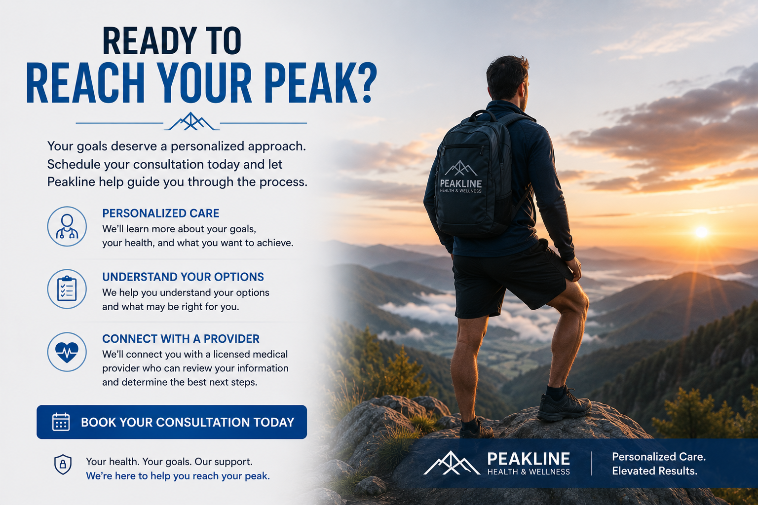 A man juggling on a mountain peak at sunrise, with promotional text about health and wellness, including services like personalized care, understanding options, and connecting with providers, alongside a call-to-action button.