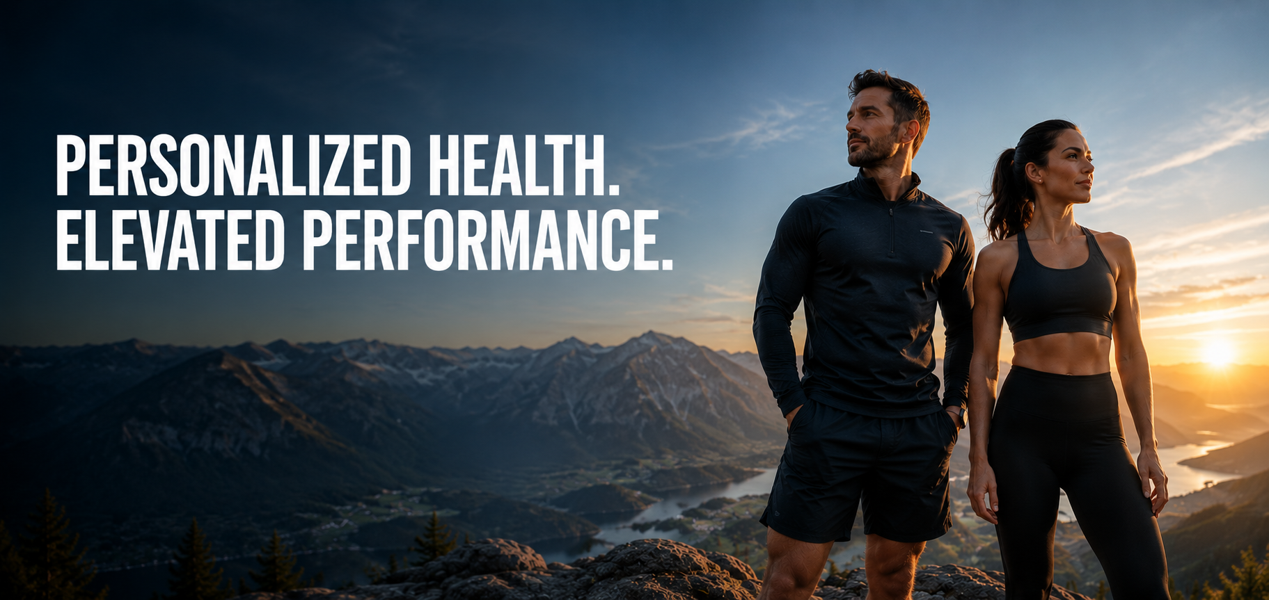 A man and woman in athletic wear standing outdoors on a mountain overlooking a valley at sunset, with text that reads 'Personalized Health. Elevated Performance.'