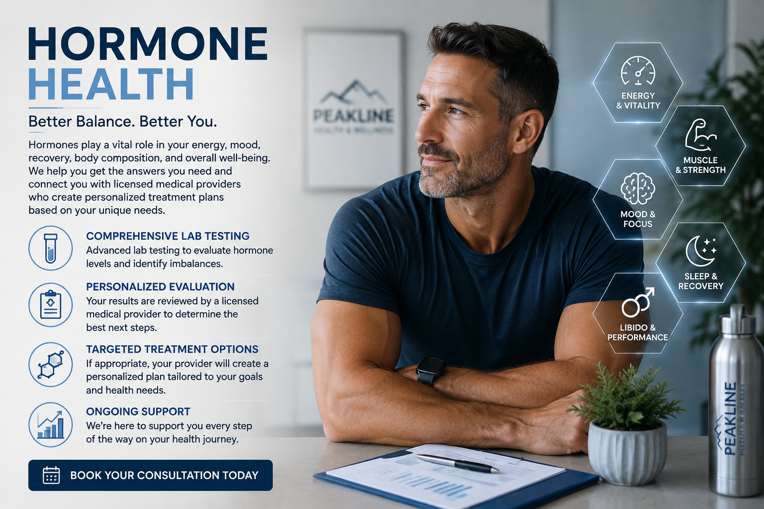 A promotional image for hormone health services. It features a middle-aged man with dark hair and a beard, wearing a navy T-shirt and a smartwatch, sitting at a desk with a clipboard, pen, plant, and a water bottle. The background displays the company logo 'PEAKLINE' and four hexagon icons representing energy, muscle, mood, and sleep benefits.
