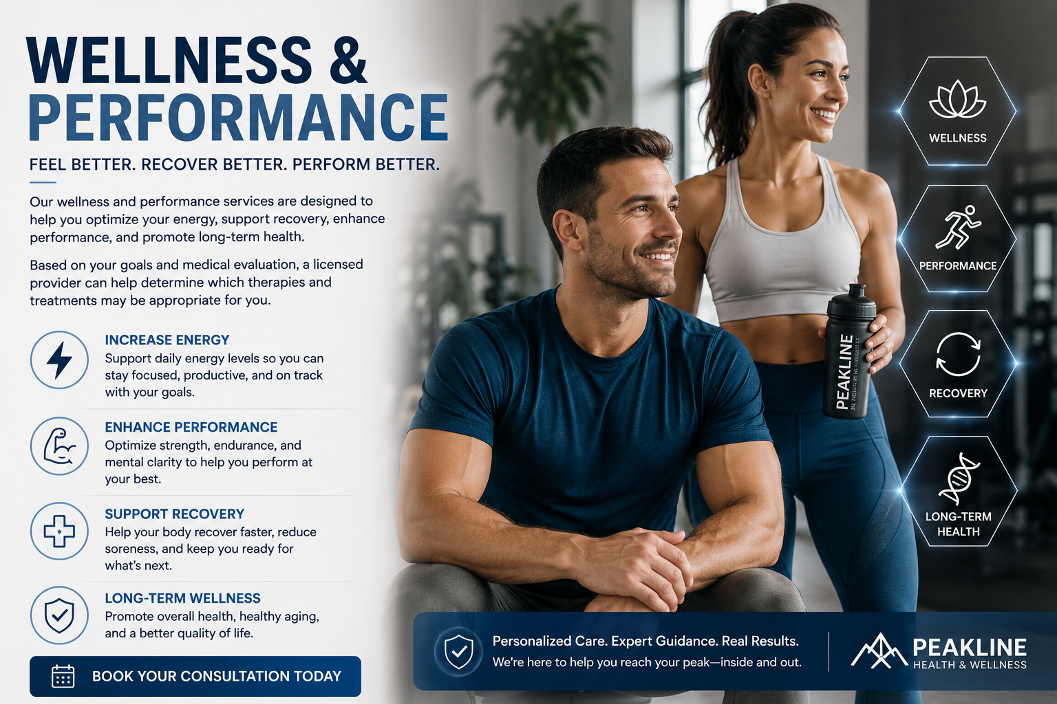 A promotional flyer for Peakline Health & Wellness featuring a man and a woman in a gym setting. The man is sitting and smiling, holding a water bottle, while the woman is standing beside him, also smiling. The flyer emphasizes wellness, performance, recovery, and long-term health, with text detailing services like increasing energy, enhancing performance, supporting recovery, and promoting overall wellness.