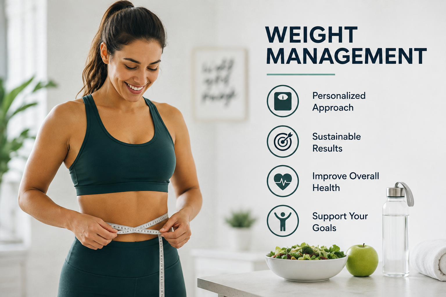 Woman in athletic wear measuring her waist in front of a weight management poster with icons and text about personalized approach, sustainable results, improving health, and supporting goals.