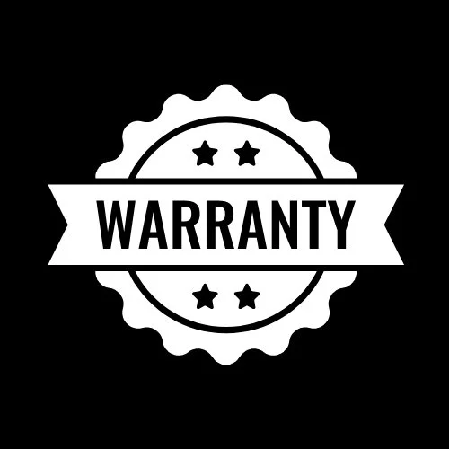 Black and white warranty badge with stars and a ribbon reading "WARRANTY."