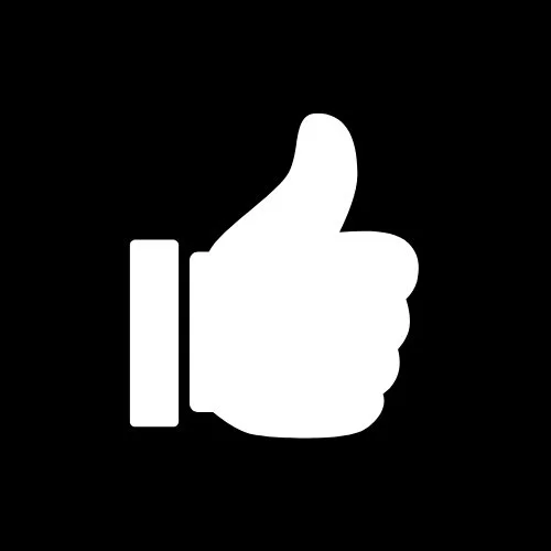 White thumbs-up icon on black background.