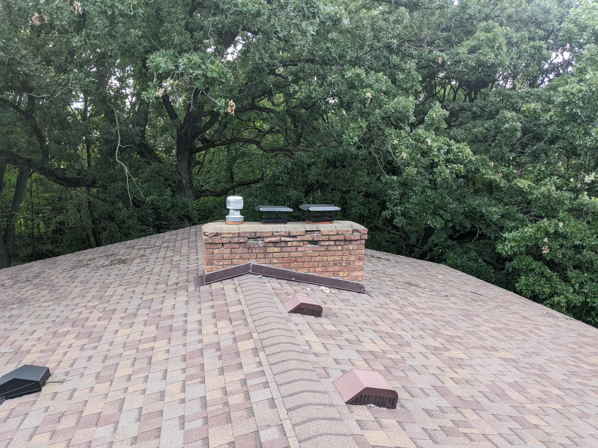 View of a house rooftop with a brick chimney, attic vents, and a roof vent, surrounded by green trees.