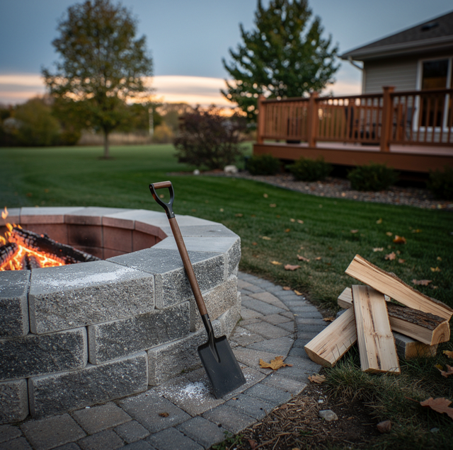 Stacked natural stone fire pit ring with live flames