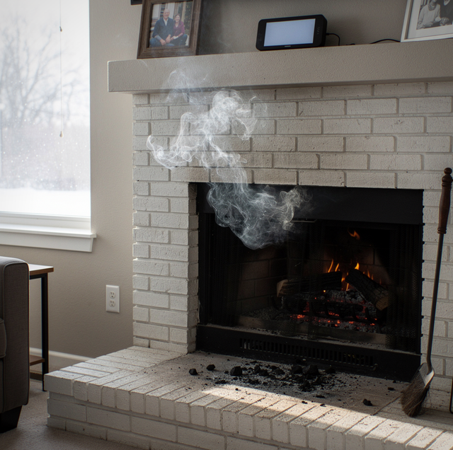smoke puffing from brick fireplace into living room