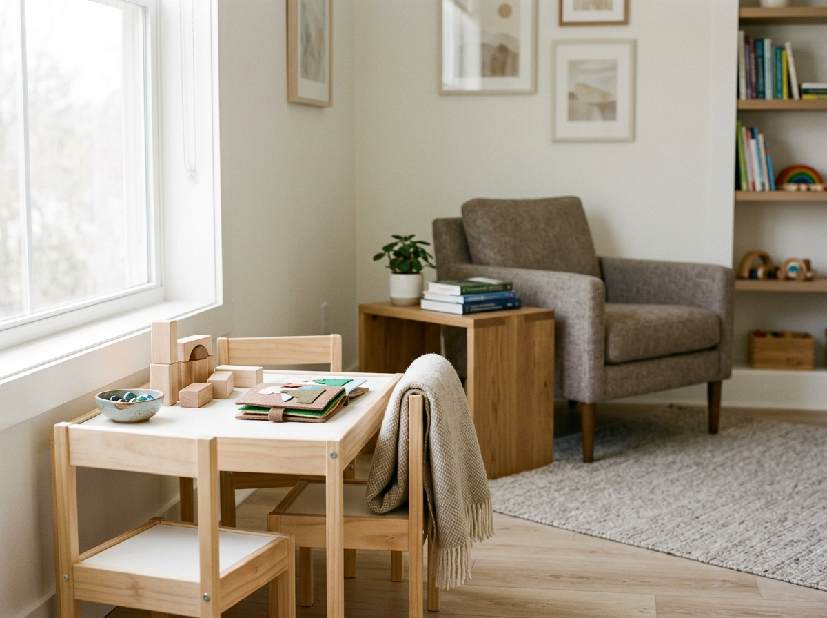 A cozy room with a small play area for children near a window, featuring a wooden table with wooden blocks, a bowl of marbles, and some felt books, with a beige armchair and bookshelves in the background.