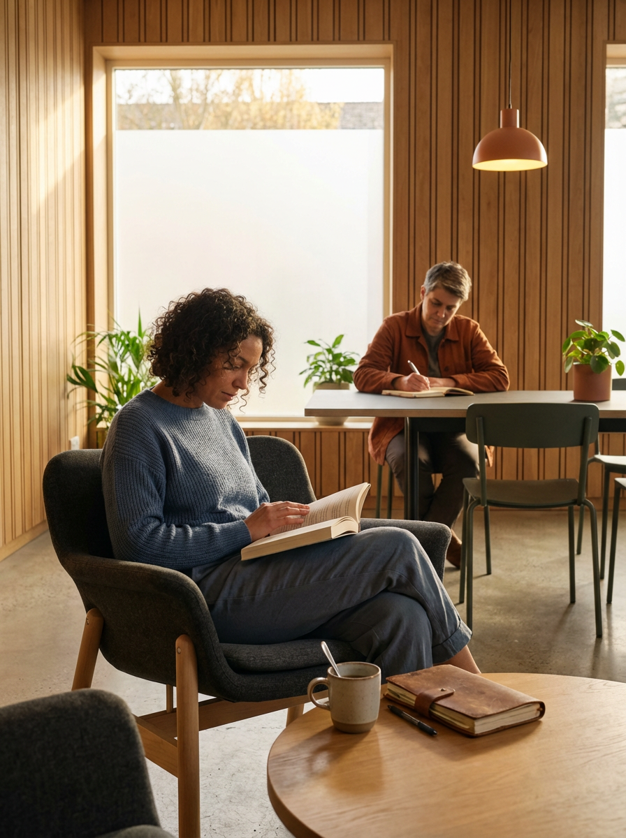 Two people engrossed in reading and writing in a cozy room with wood-paneled walls, natural light coming through large windows, and potted plants on windowsills and a table.
