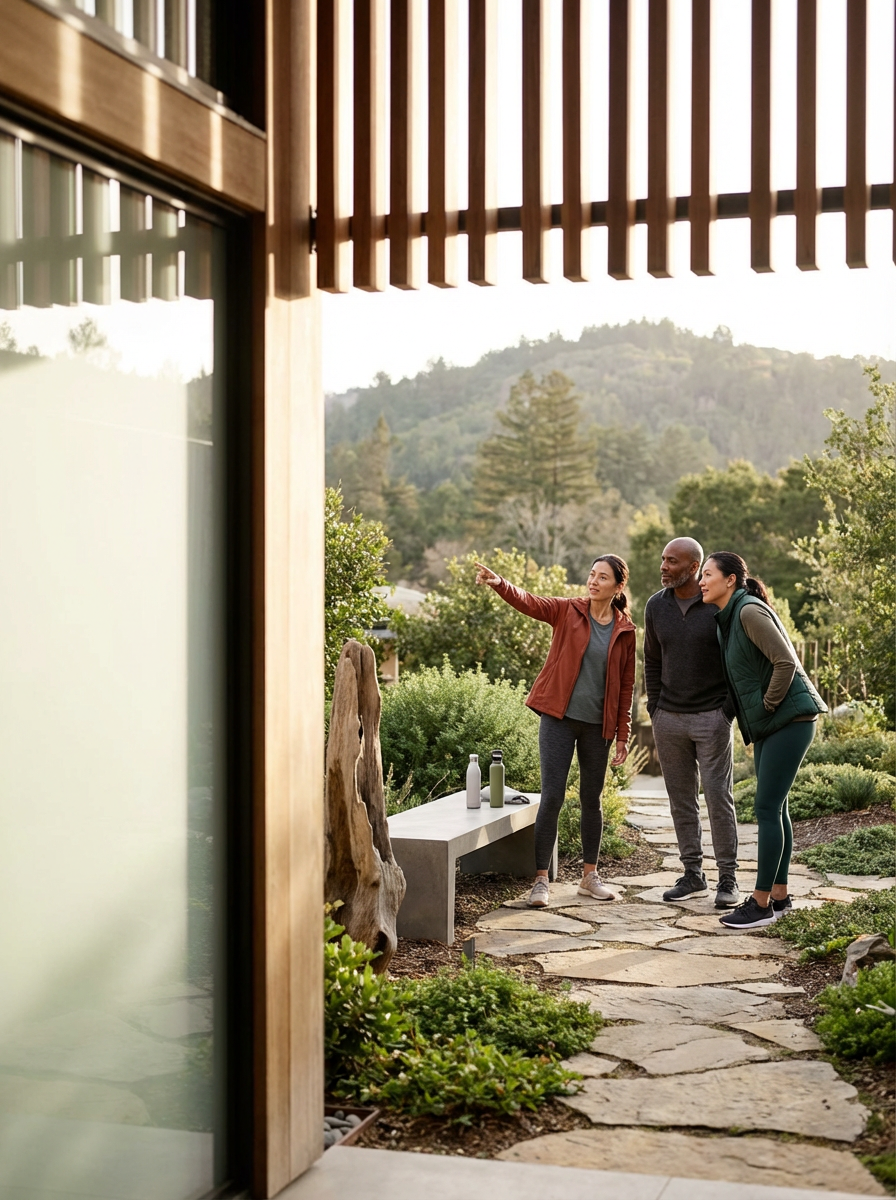 Three people outdoor garden discussing, one woman pointing, two men listening, stone pathway, greenery, hills in background