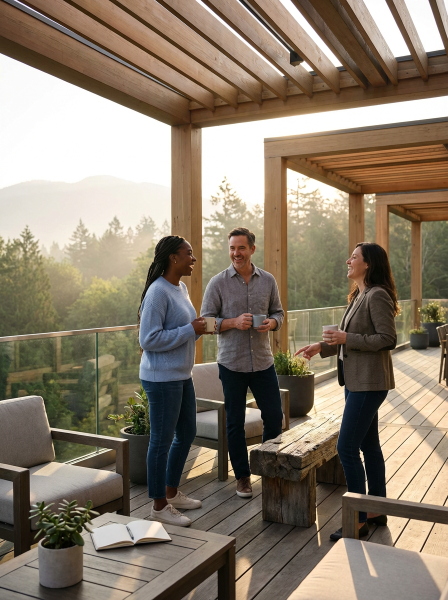 Three people standing on a wooden balcony having a conversation with mountains and trees in the background, holding coffee cups.