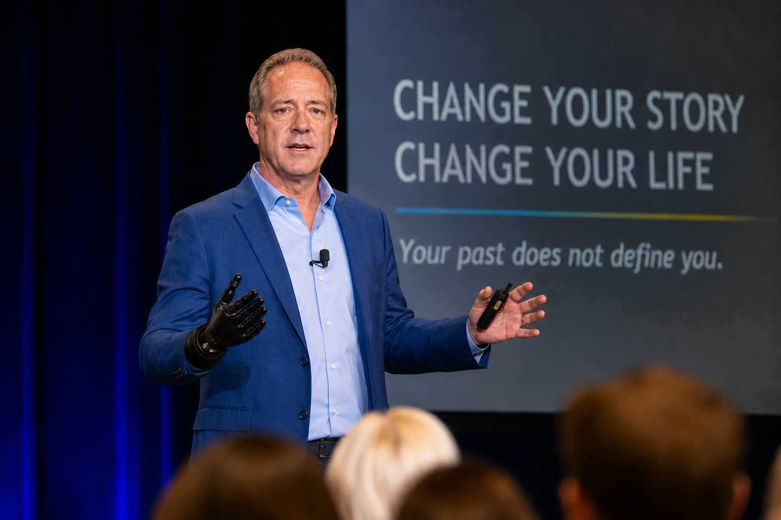A man in a blue suit and light blue shirt giving a presentation on stage, with a large screen behind him displaying the text "Change your story, change your life" and "Your past does not define you."
