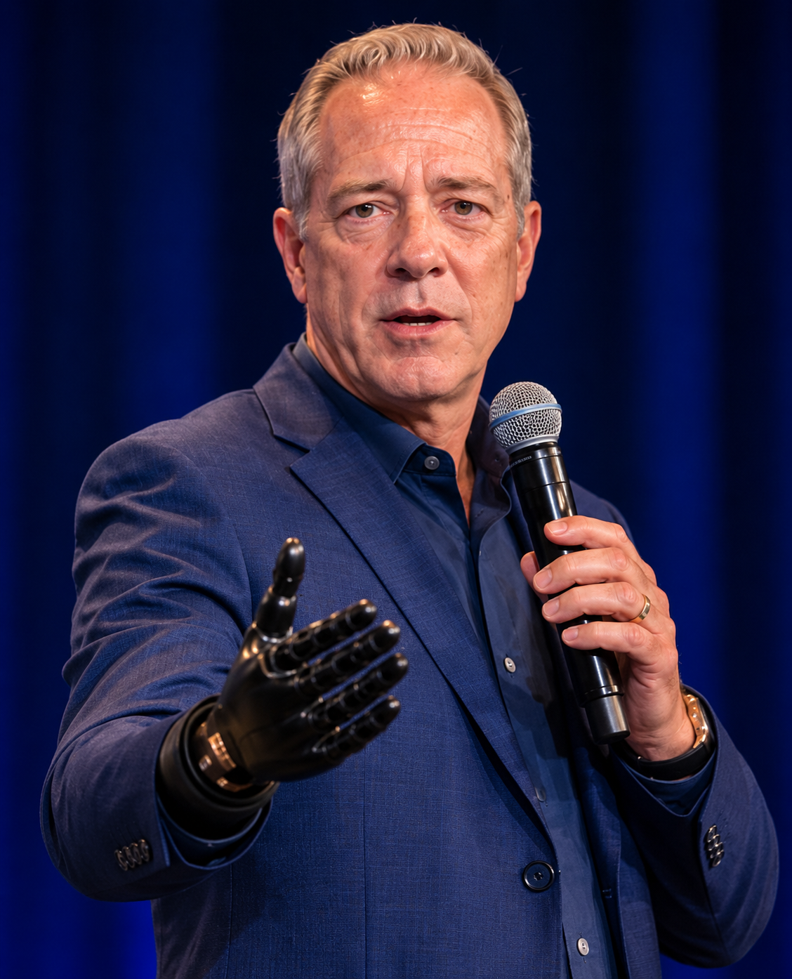 A man in a blue suit holding a microphone and gesturing with his hand on a stage with a blue backdrop.