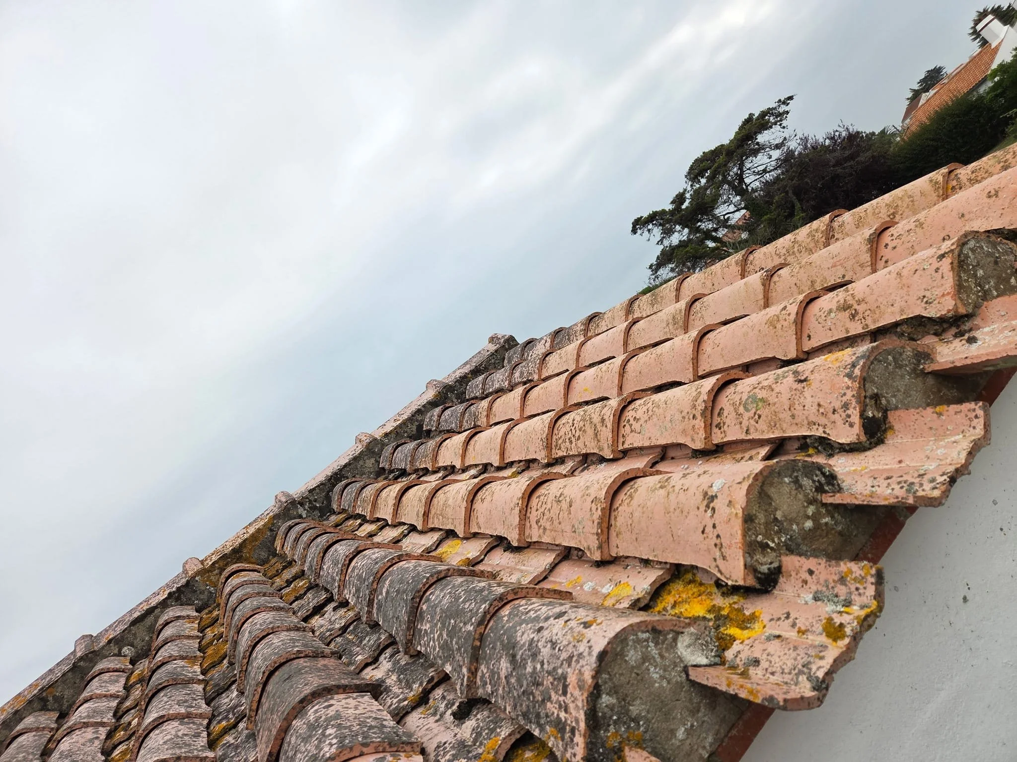 Vue inclinée d'une toiture en tuiles rouges anciennes avec des lichens et mousse, sous un ciel nuageux.
