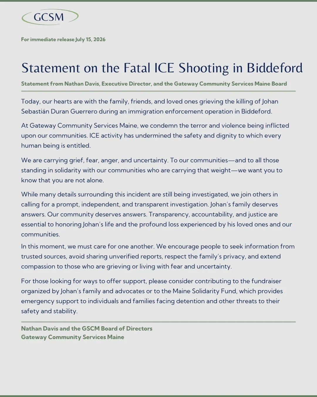 Our hearts are with Johan Sebasti&aacute;n Duran Guerrero's family, loved ones, and all those grieving today.

We stand with our immigrant, refugee, and asylum-seeking communities and reaffirm our commitment to dignity, justice, and belonging.

Pleas