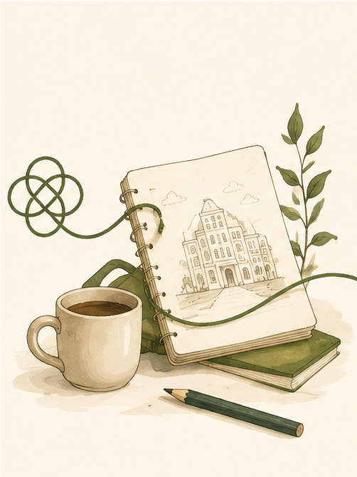 A cup of coffee, an open sketchbook with a drawing of a building, a closed green book, a pencil, and green leafy branches on a beige background.