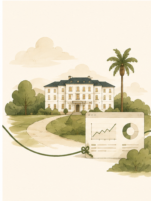 A large estate with a mansion, surrounded by trees and greenery. There is a palm tree and a winding driveway. In the foreground, there is a chart or graph with rising lines and a pie chart, indicating growth or data analysis.