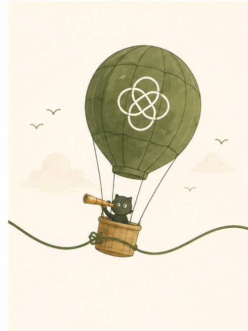 A cute black cat in a basket-shaped hot air balloon, looking through a telescope with a green balloon and a knot design, floating in the sky with clouds and birds.
