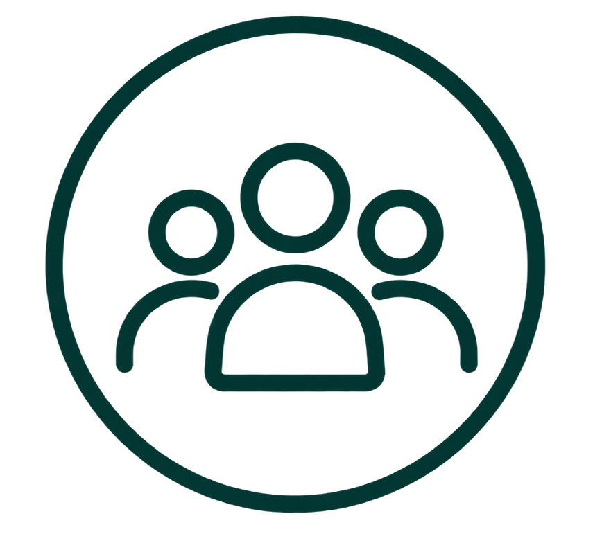 Icon of three people within a circle, representing a group or community.