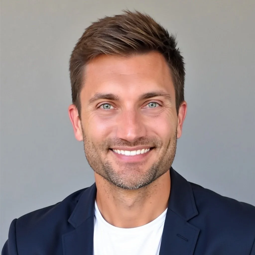 A smiling man with short brown hair, blue eyes, and light facial hair, wearing a dark blazer and a white shirt, against a plain gray background.