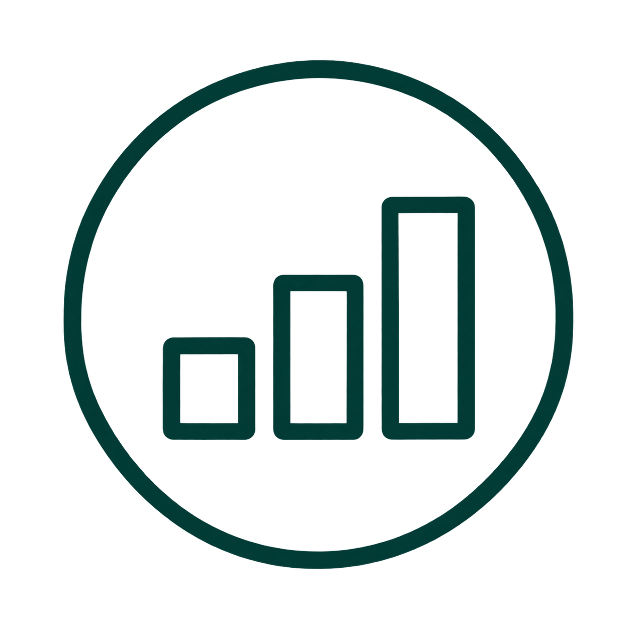A black icon of a bar chart with three ascending bars inside a black circle.