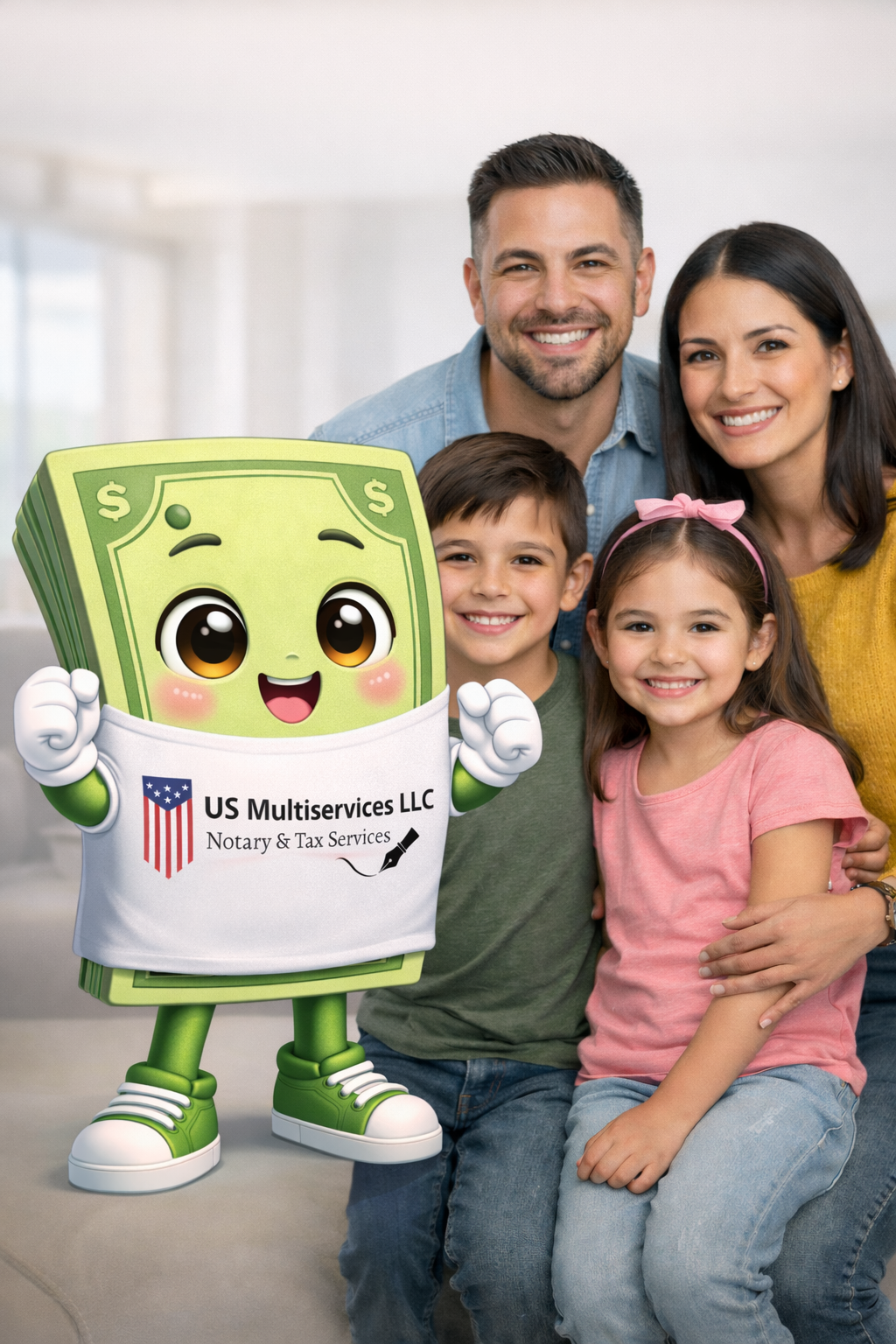 A smiling family of four sitting on a couch with a cartoon dollar bill mascot holding a sign for US Multiservices LLC, a notary and tax services company.
