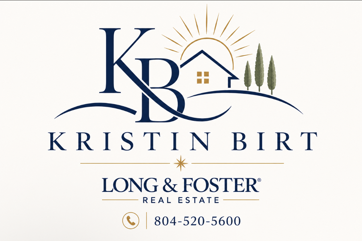 Real estate business card featuring a logo with a house, sun, and trees, with text for Kristin Birt, Long & Foster Real Estate, phone number 804-520-5600.