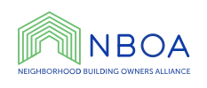 Logo of the Neighborhood Building Owners Alliance (NBOA) with a stylized green house outline and blue text.