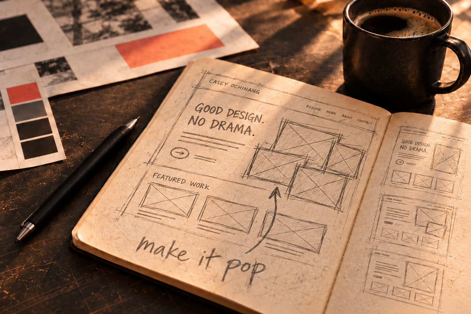 A hand drawn homepage wireframe in a notebook beside coffee, with a handwritten make it pop note.