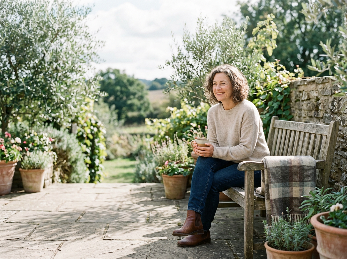 Woman enjoying a quiet moment with a cup of coffee in a peaceful garden setting