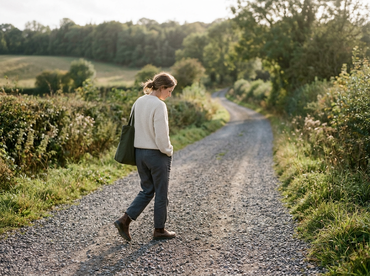 Woman walking along a peaceful country road surrounded by greenery.
