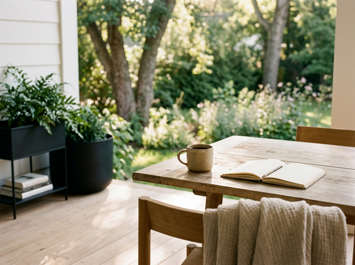 Peaceful garden setting with a notebook and coffee, reflecting time for personal wellness and reflection.