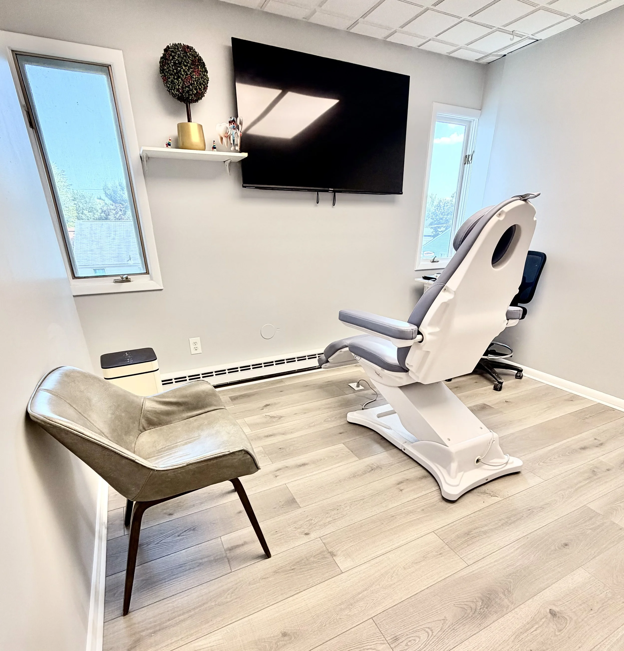 Medical examination room with a reclining chair and a black medical search monitor on the wall. There is a window showing blue sky and clouds, a small white shelf with a potted plant and decorative items, and a gray armchair with an ottoman. The room has light-colored wooden flooring and white walls.