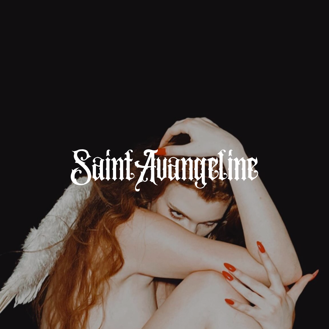 A woman with red hair and white wings, covering her body with her arms, with the text 'Saint Angeline' over her face, against a black background.