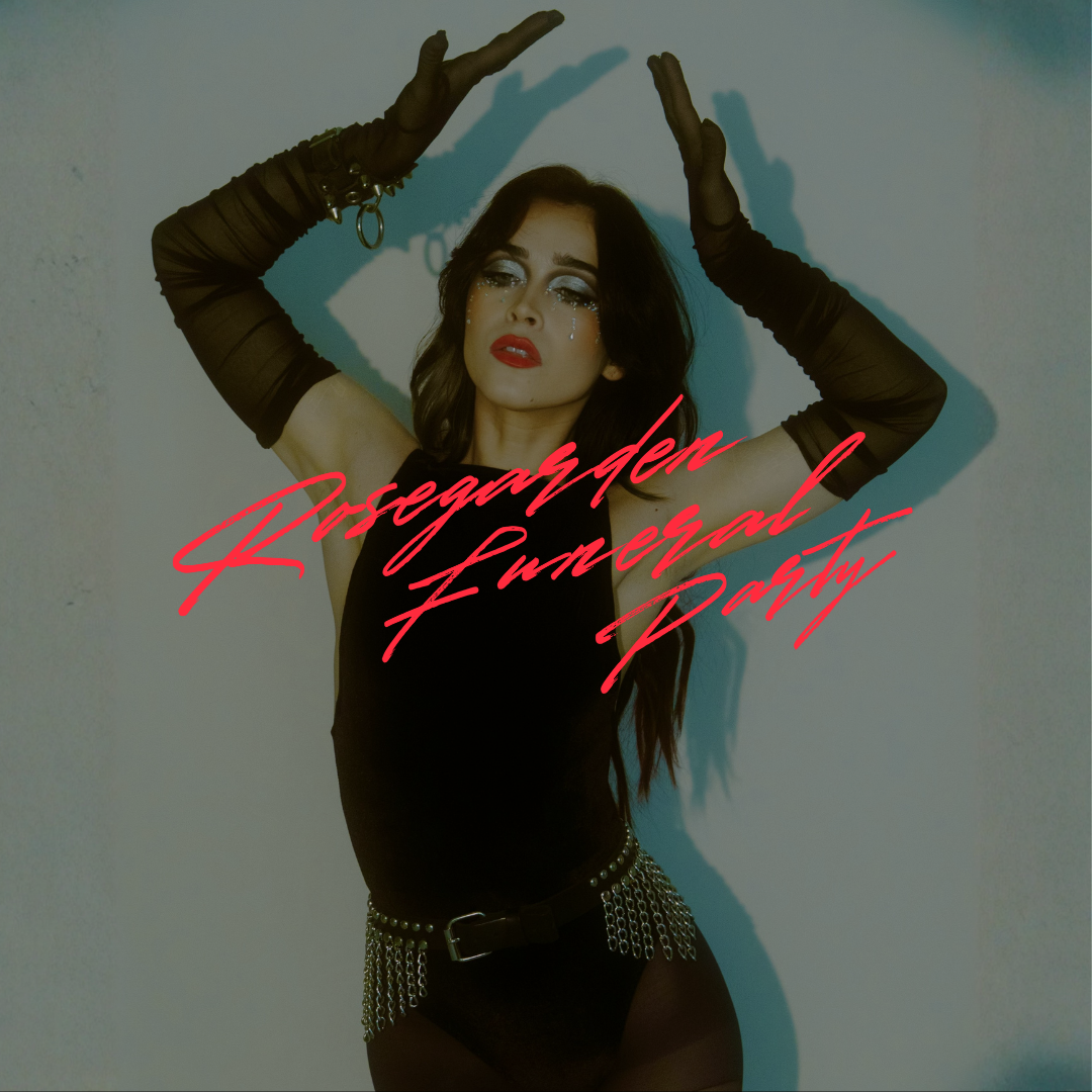 A woman in black clothing with makeup and glitter on her face, posing with her arms raised above her head, shadows cast on the wall behind her. Text overlay reads "Rosegarden Luxereal Party" in red cursive.