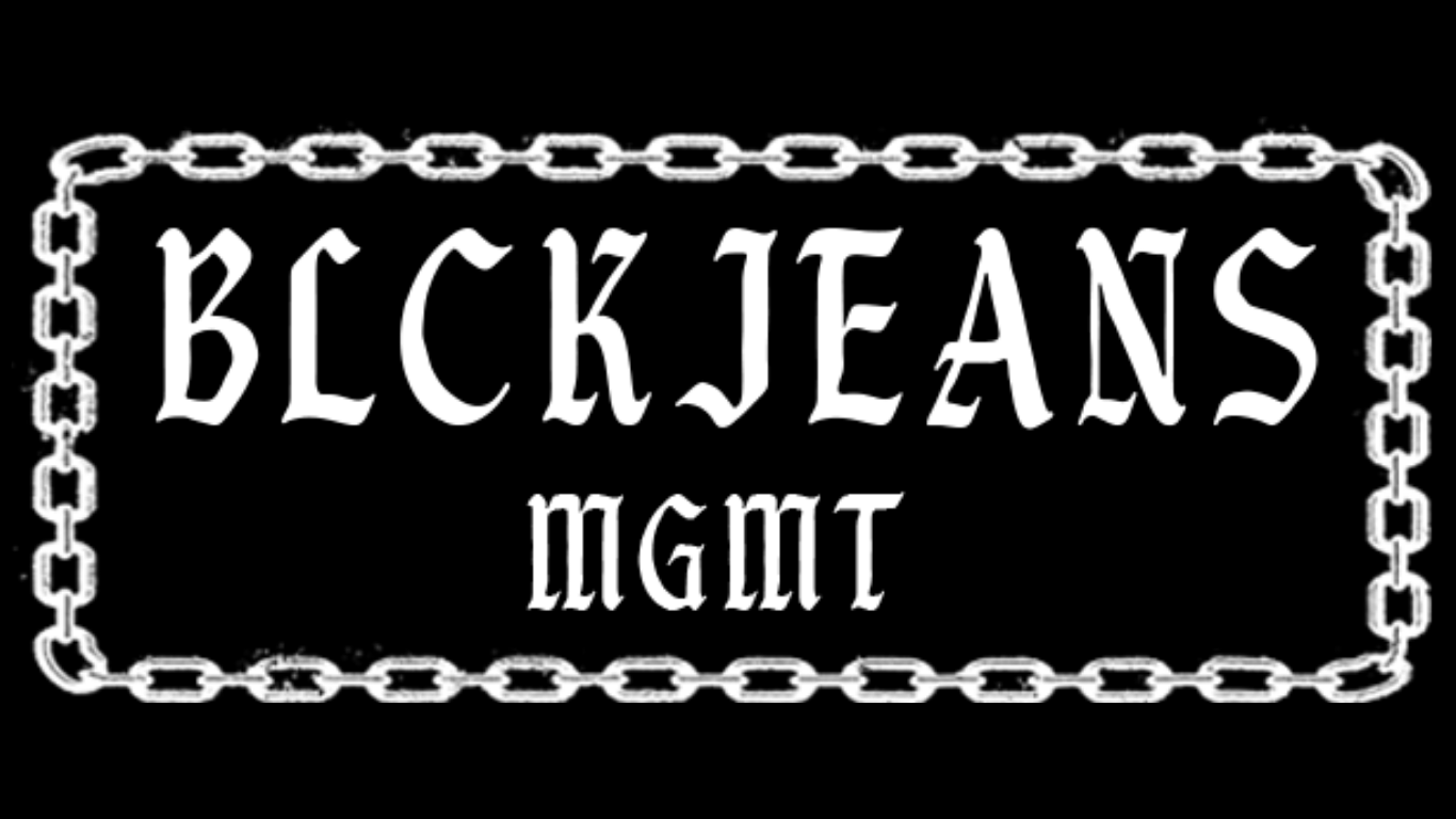 A black fabric tag with the word "BLCKJEANS" in stylized gothic font and "MGMT" below it. The text is enclosed in a white chain-like border.