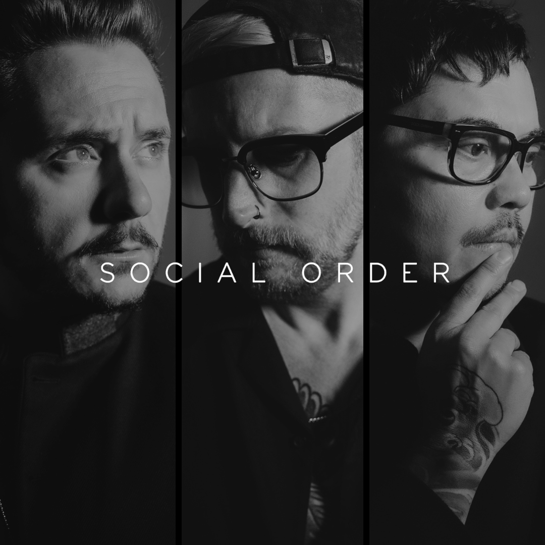 Black and white photo of three men looking in different directions, with the words "Social Order" overlaid in the center.