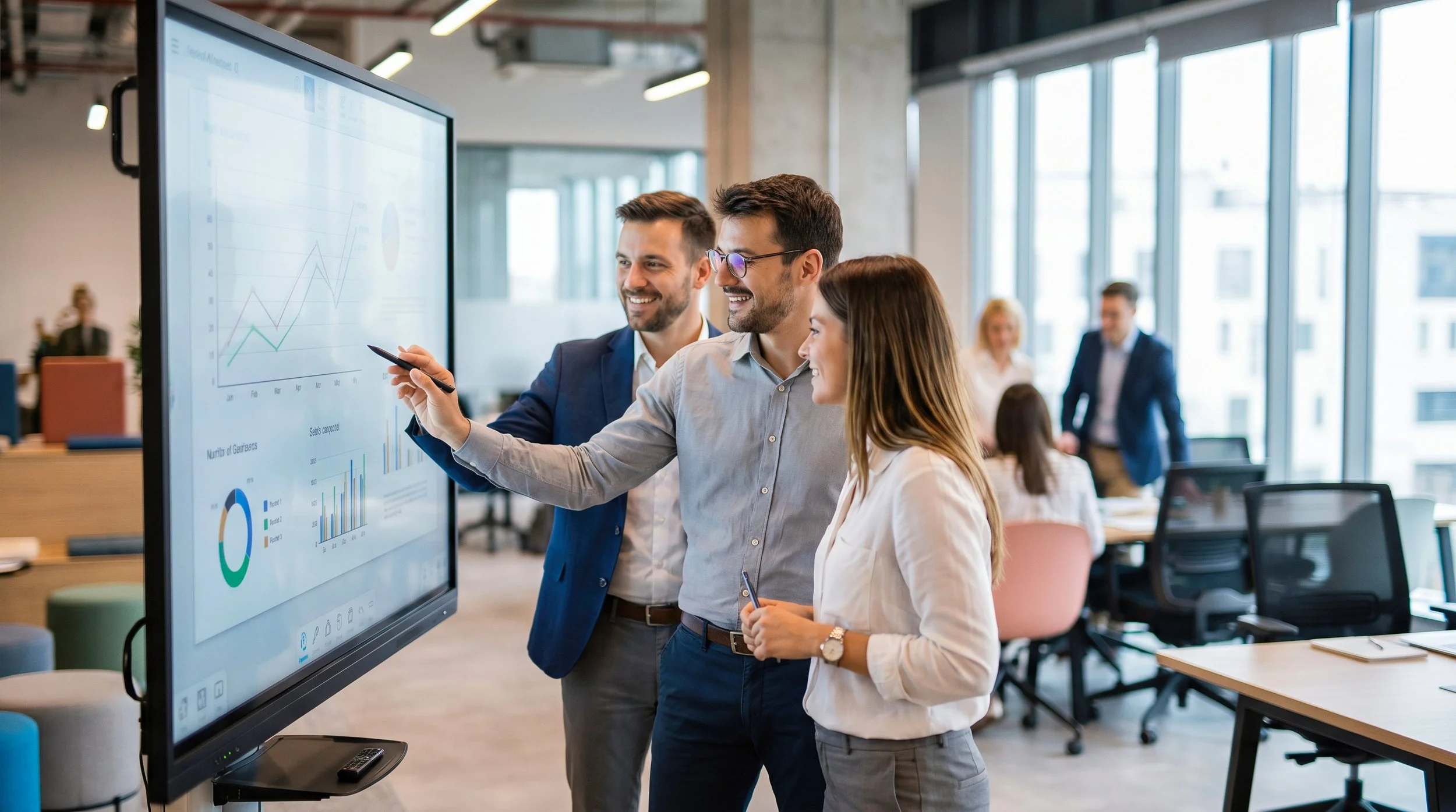 Three businesspeople looking at a presentation chart on a large screen in a modern office.