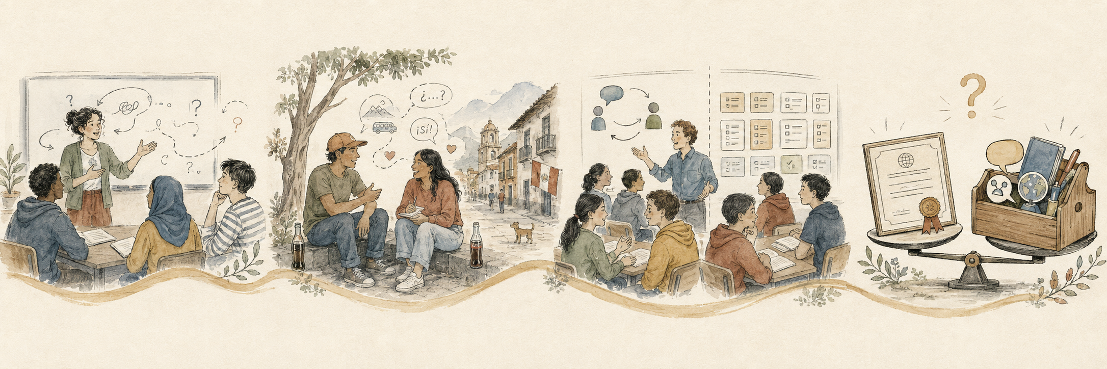 Decorative illustration showing scenes from four academic papers.