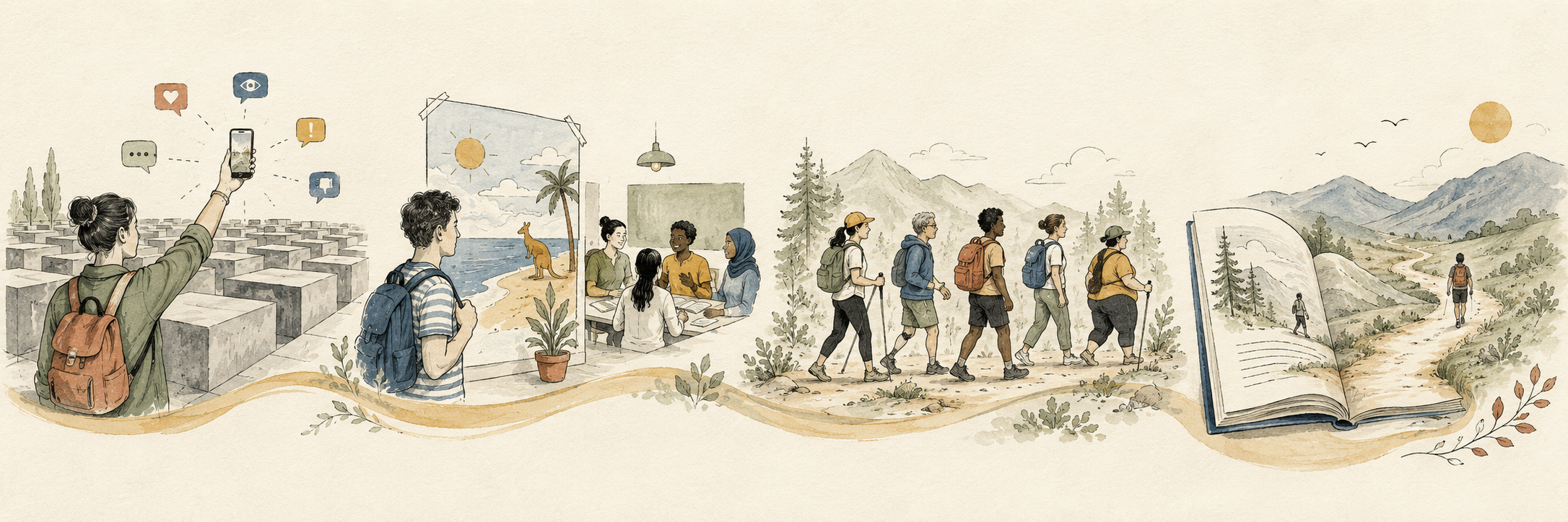 Decorative illustration showing scenes from four academic papers.