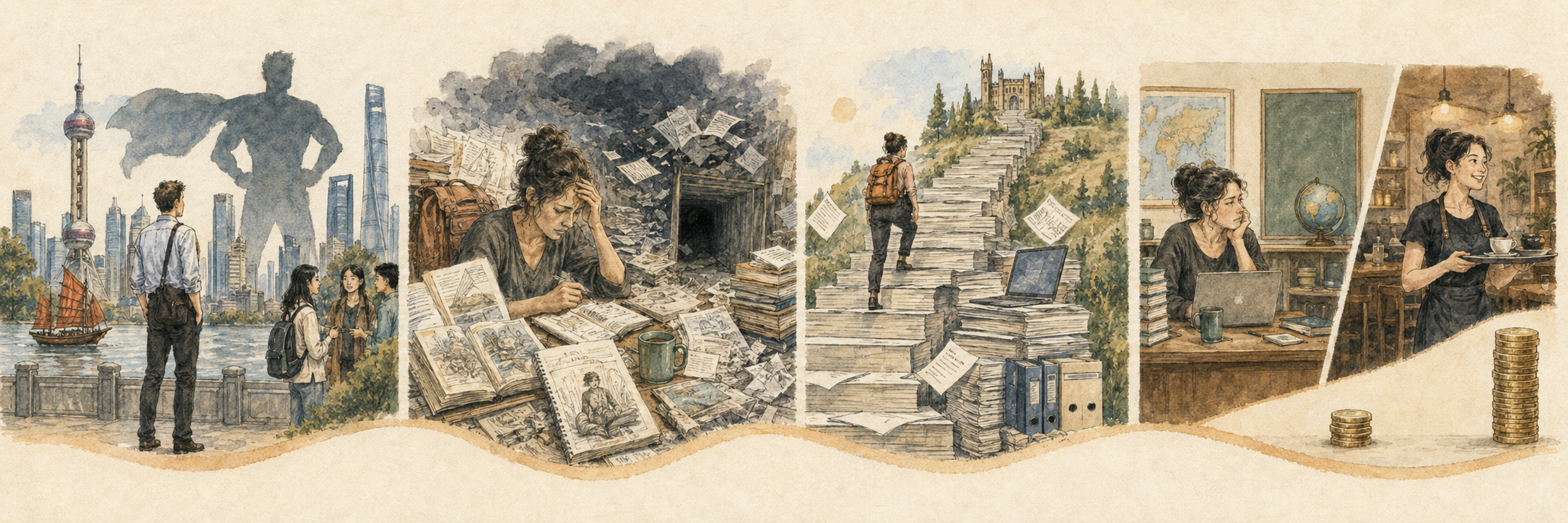 Decorative illustration showing scenes from four academic papers.